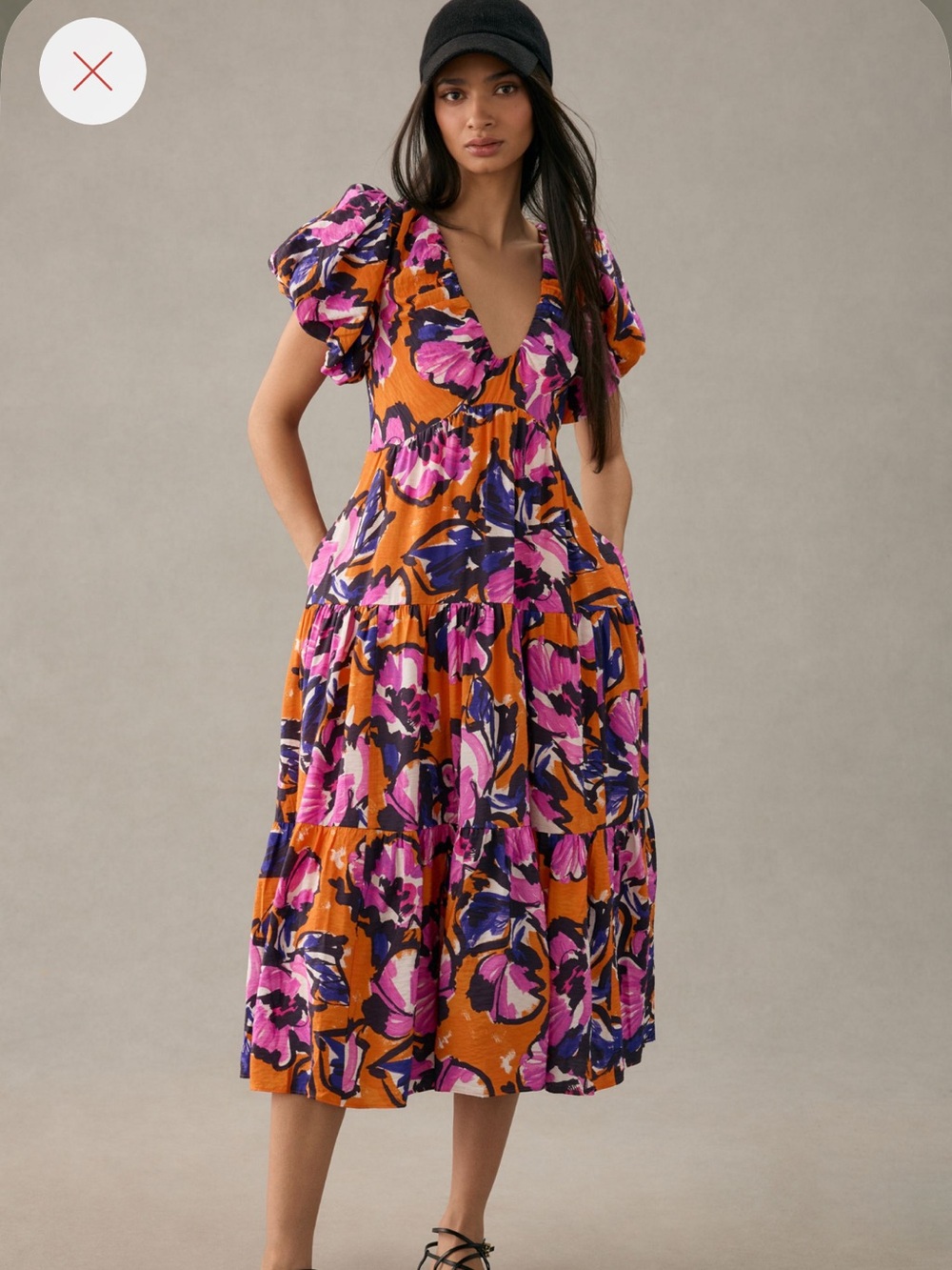 Anthropologie Vibrant Orange Floral Puff-Sleeve Midi Dress - Size 1X